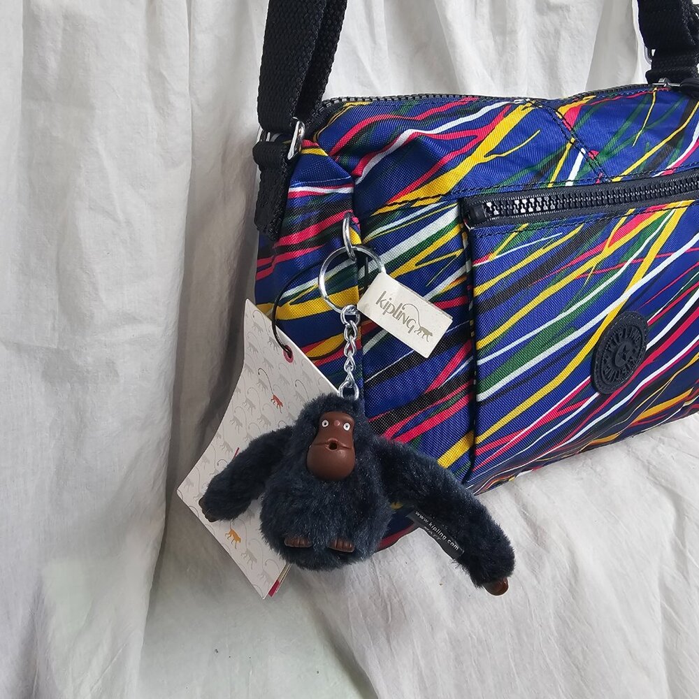 Kipling Wes Striped Crossbody Bag Adjustable Strap Furry Monkey Keychain - Picture 4 of 7
